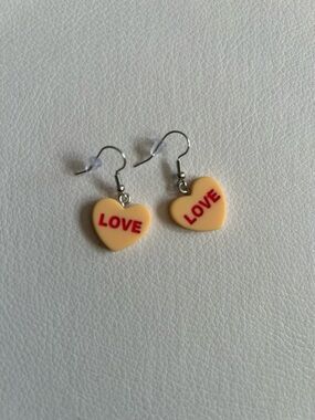 Conversation Hearts Love Dangle Drop Earrings in Orange with Pink Lettering